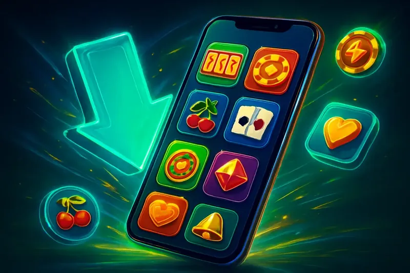 Glossy smartphone casino app banner with neon download effects and floating tiles