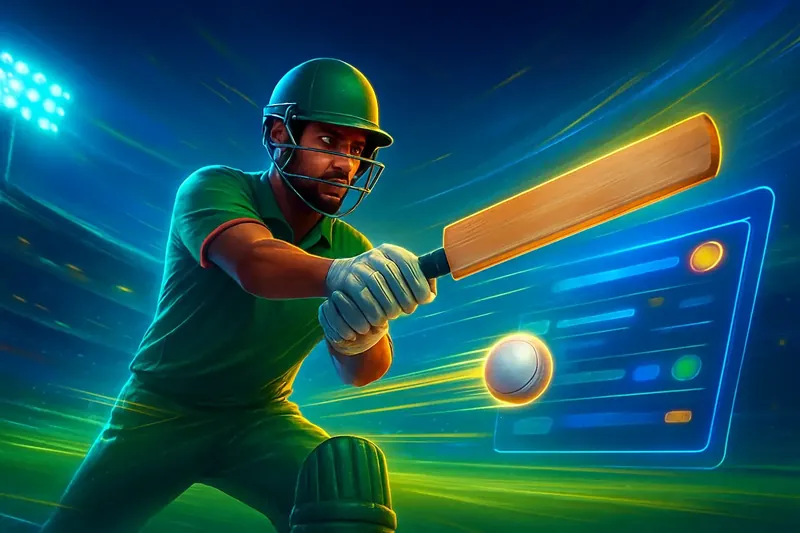Cricket Sportsbook Action Cricket batter striking ball under stadium lights for sportsbook banner