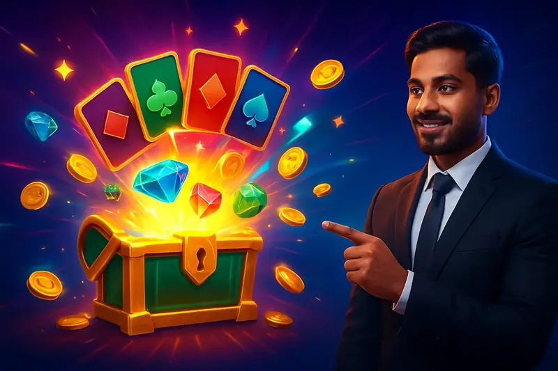 Reward Chest Burst Glowing reward chest with cards, coins, gems, and stars bursting outward
