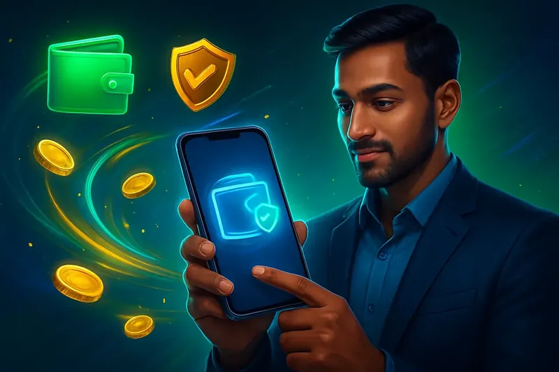 Hand holding smartphone with secure mobile wallet, coins, and speed light trails