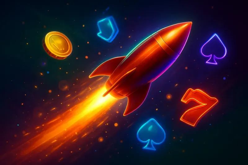 Rocket Speed Launch Glossy rocket launch casino banner with neon trail and game particles