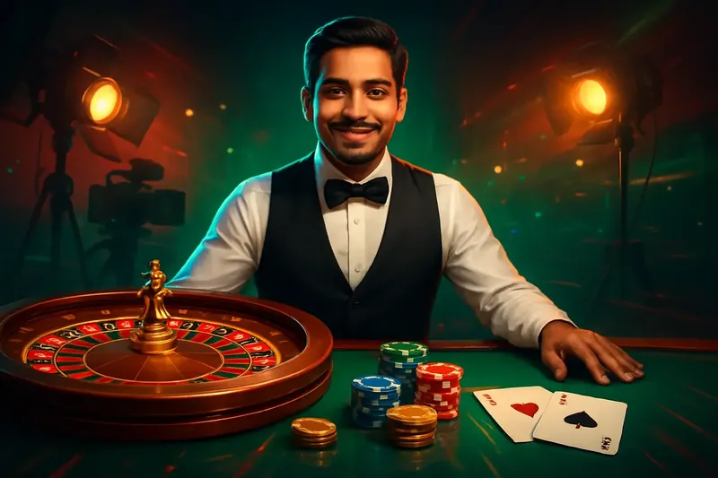 Friendly professional live dealer with roulette, cards, chips, and studio lights