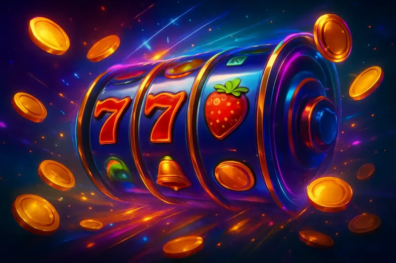 Explosive Slot Reels Colorful slot machine reels spinning with coins, sparkles, and neon glow